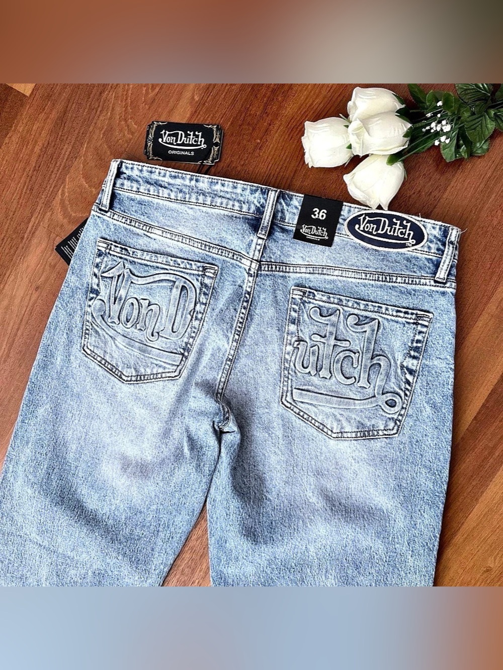 Von Dutch Originals Embossed Logo Denim Jeans Straight Leg Blue Waist 36